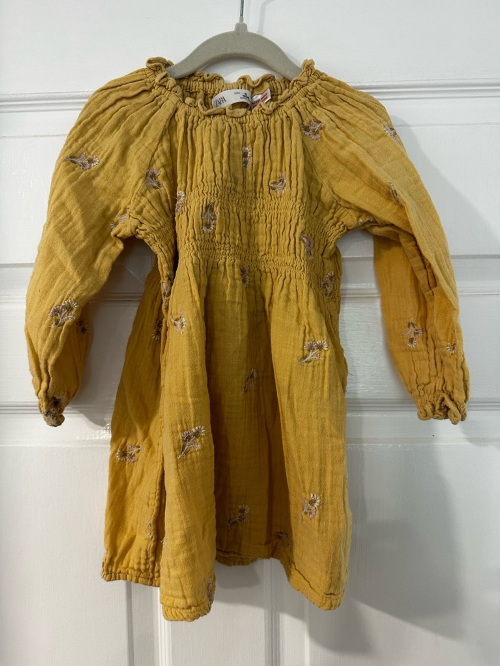Zara Girls' Yellow Smocked Floral Long-Sleeve Dress